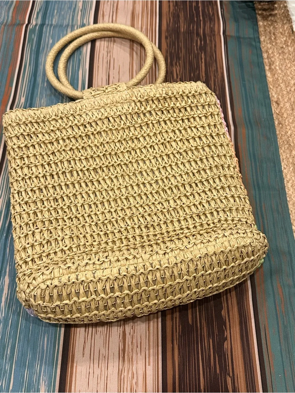 Art Class Pastel Striped straw Woven Tote Hand Bag in Pink, Tan, Green, Blue,